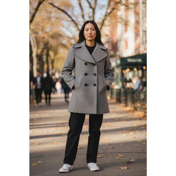 Guess Wool Pea Coat Womens Sz S Gray Double Breasted Large Lapel Collar Preppy - Picture 9 of 16